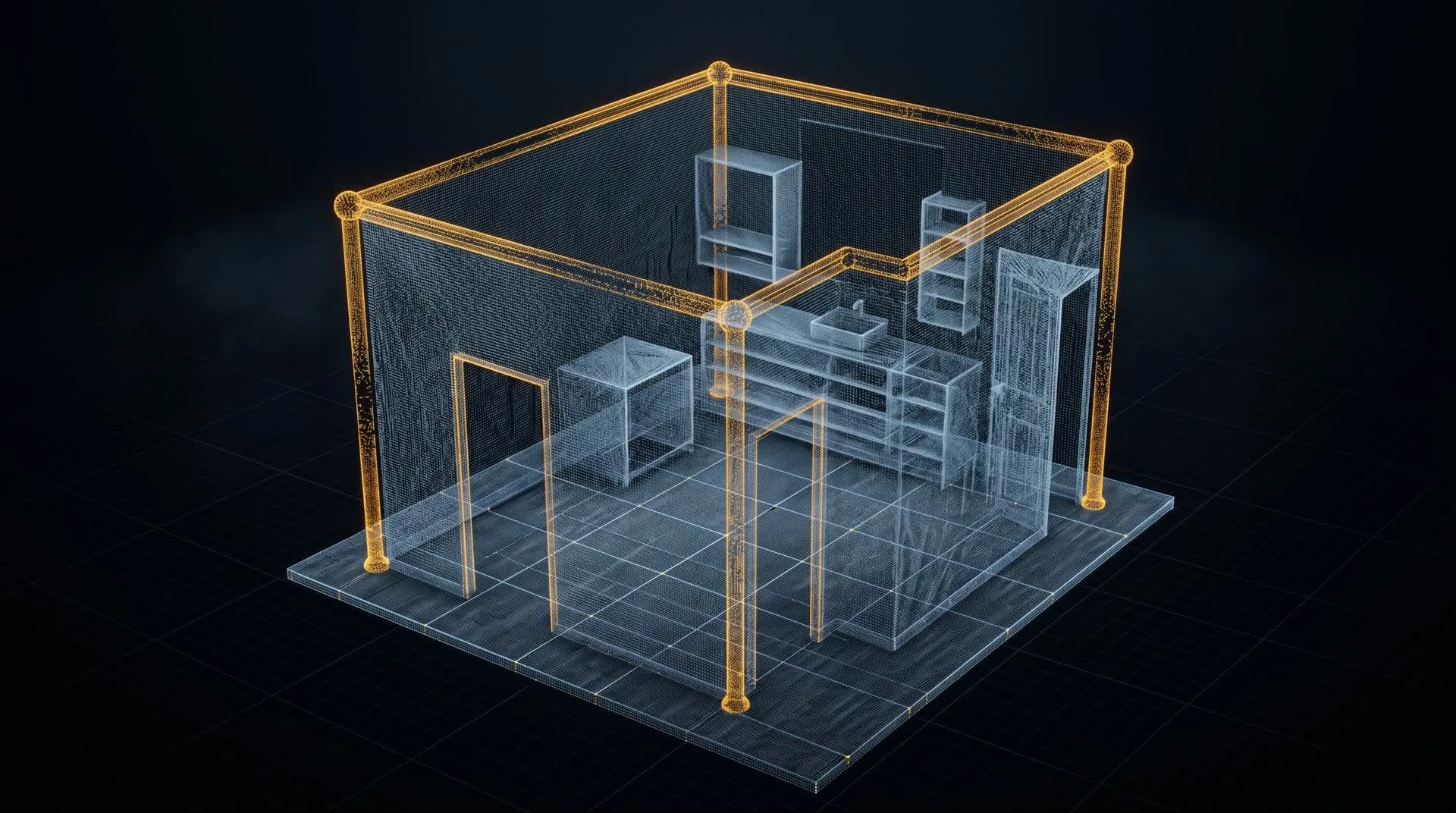 Interior de loft de concreto con vigas de acero, iluminación fría y un acento de luz ámbar — atmósfera de un espacio en proceso de relevamiento