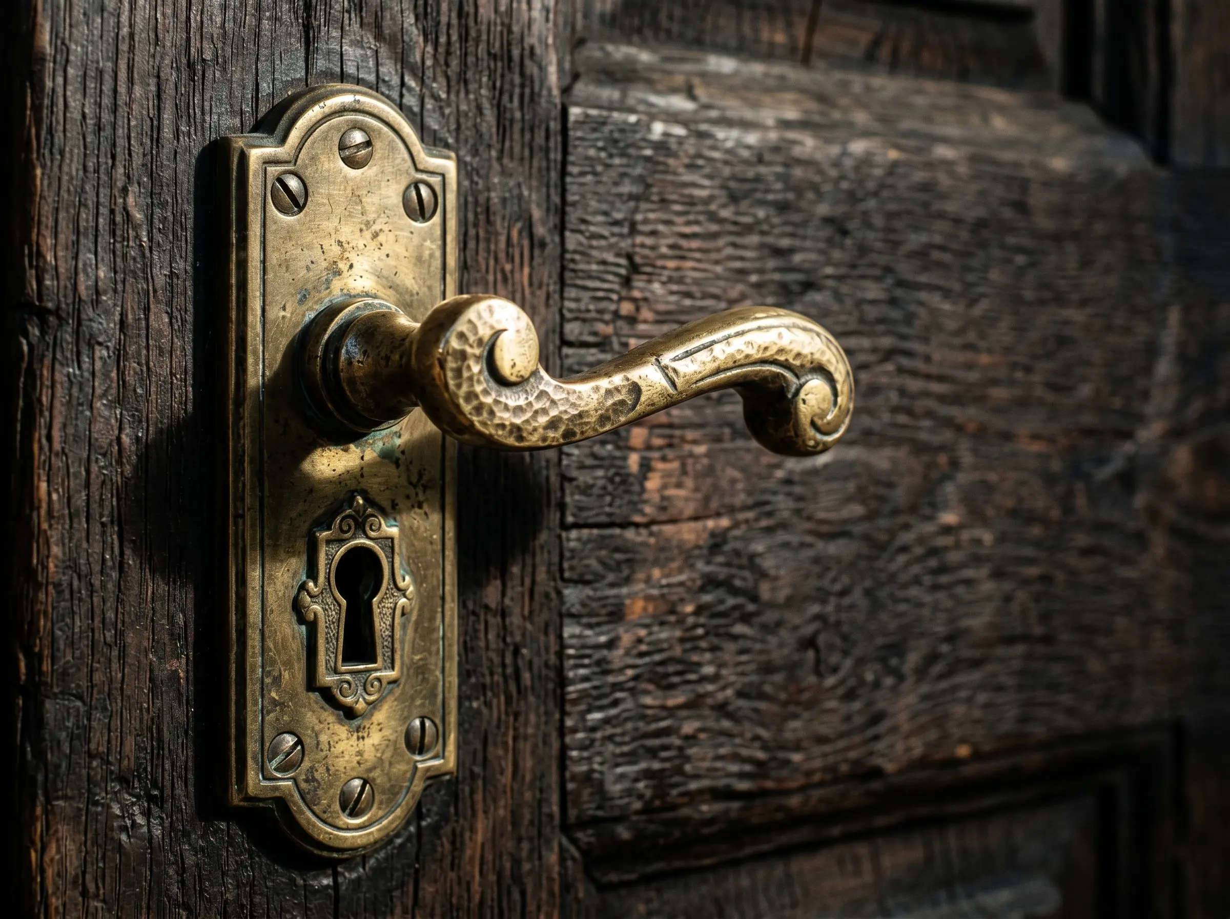 Manija y cerradura de bronce envejecido en puerta de roble, iluminación dura desde arriba que revela cada irregularidad de la superficie