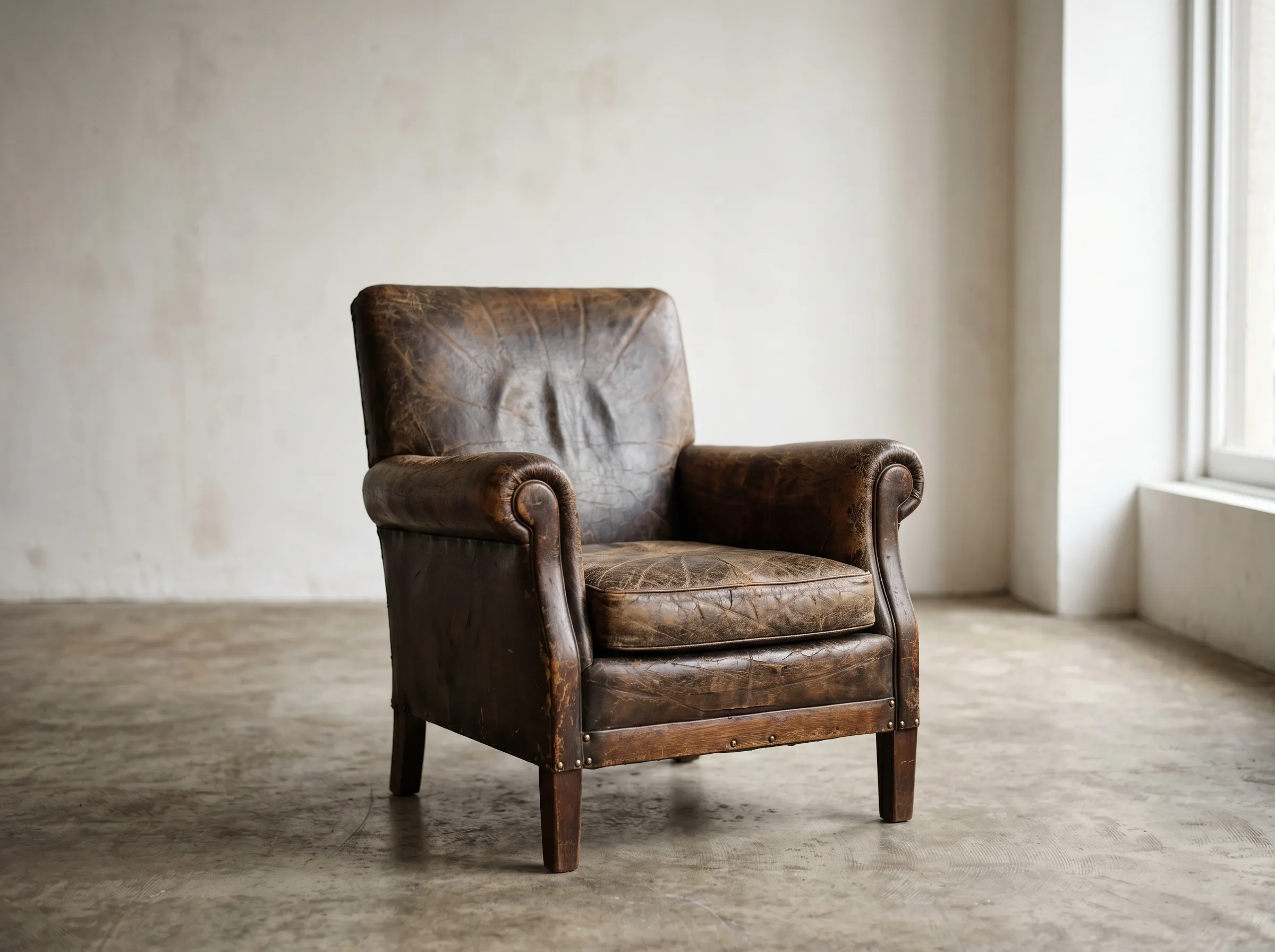 Silla de cuero envejecido con pátina y grietas, iluminada con luz natural difusa desde una ventana lateral — material archival de alta fidelidad
